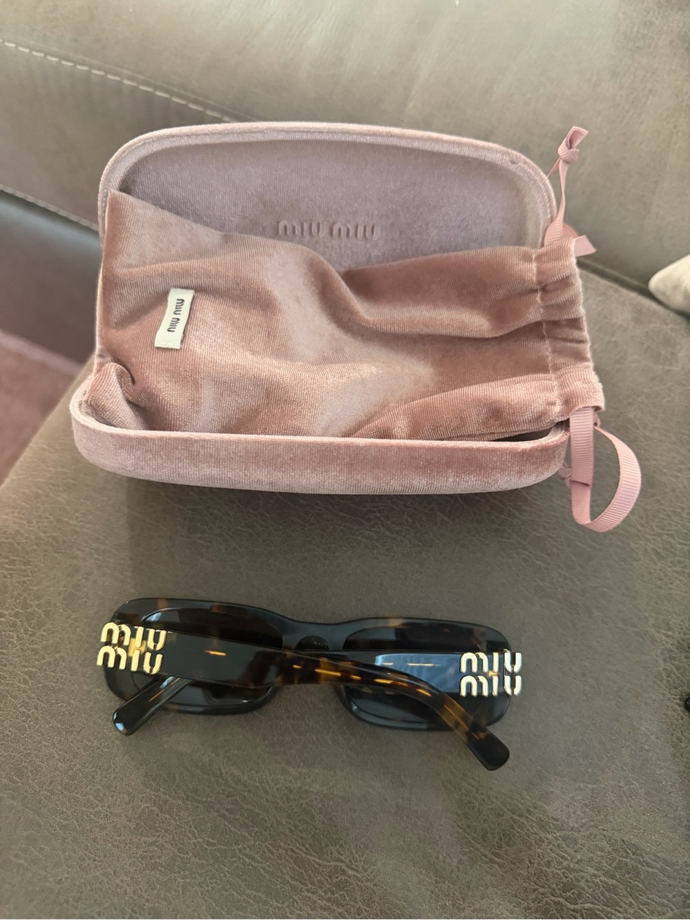 Miu Miu Tortoiseshell Sunglasses with Gold Logo and Pink Velvet Case